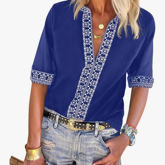 Chase Secret Womens Casual V Neck Shirt Boho Embroidered Print Short/Long Sleeve - Picture 2 of 2